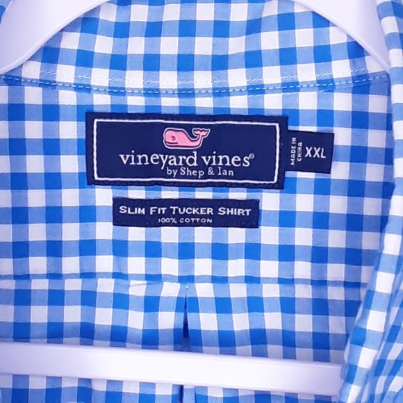 Vineyard Vines Aqua Blue & White Gingham Plaid Slim Fit Tucker Shirt Size XXL - Picture 6 of 8